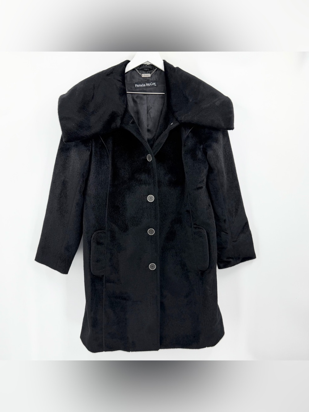 Vintage Y2K Pamela McCoy Shawl-Collar Midi Faux Fur Coat Button Blk Size Medium